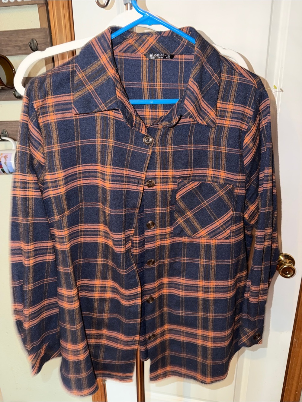 BloomChic Navy and Orange Plaid Button-Down Shirt